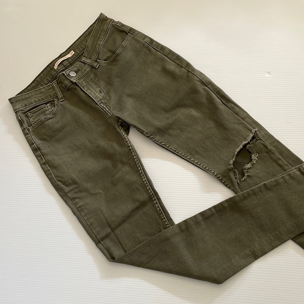 Levi’s 535 super skinny, distressed, army green jeans.  Women’s Size 27